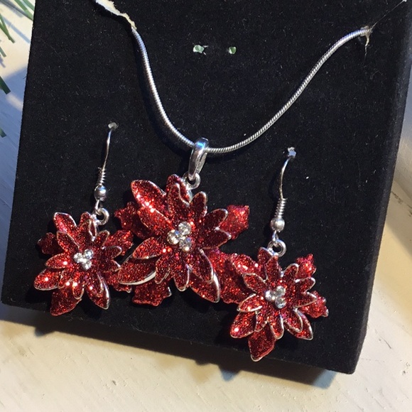 Christmas Poinsettia Jewelry Necklace & Earrings - Picture 4 of 16